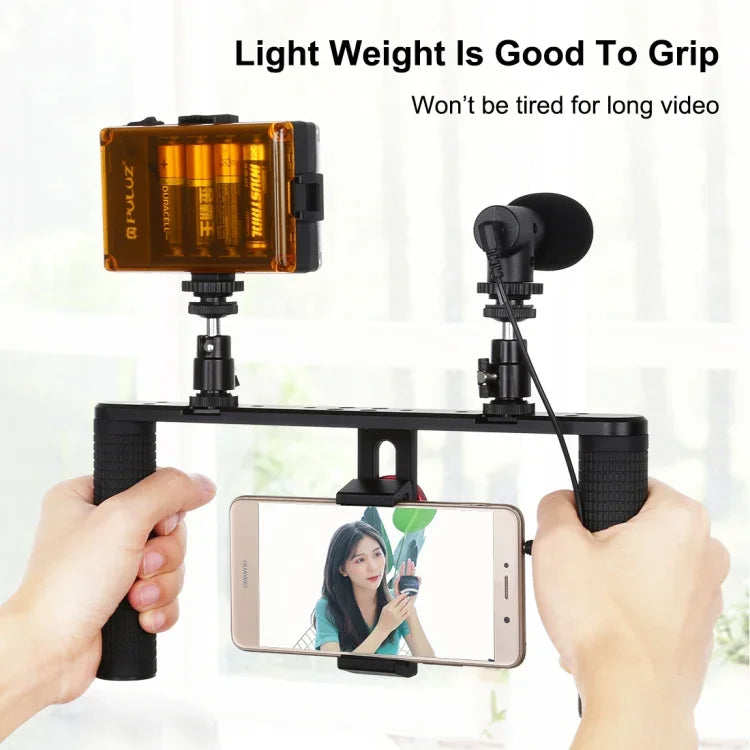 PULUZ 4イン1 Vloggingライブ配信用LEDセルフィーライト スマートフォンビデオリグハンドルスタビライザー アルミブラケットキット マイク＋三脚マウント＋コールドシュートリポッドヘッド付き、アルミブラケットキット