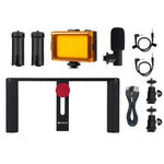 PULUZ 4イン1 Vloggingライブ配信用LEDセルフィーライト スマートフォンビデオリグハンドルスタビライザー アルミブラケットキット マイク＋三脚マウント＋コールドシュートリポッドヘッド付き、アルミブラケットキット