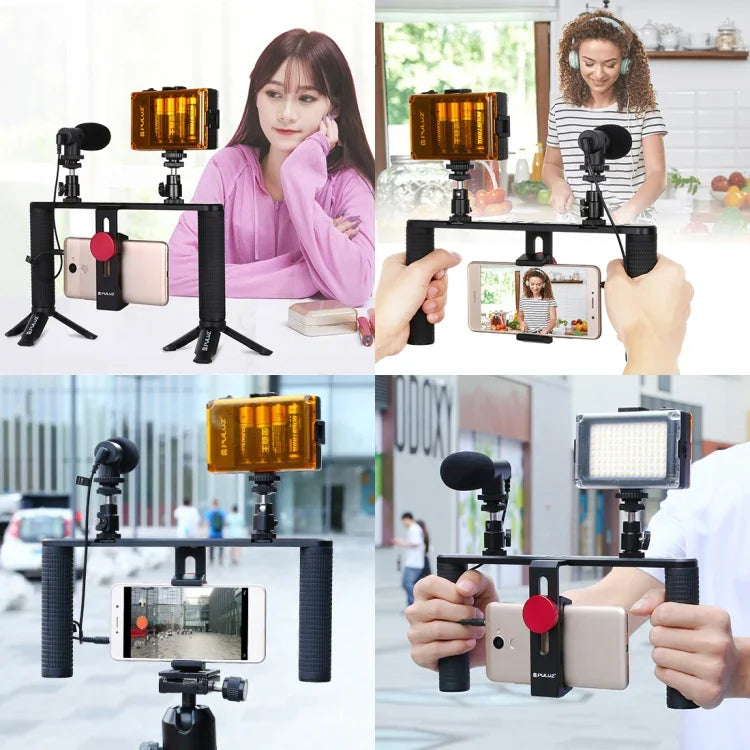 PULUZ 4イン1 Vloggingライブ配信用LEDセルフィーライト スマートフォンビデオリグハンドルスタビライザー アルミブラケットキット マイク＋三脚マウント＋コールドシュートリポッドヘッド付き、アルミブラケットキット