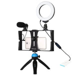PULUZ 4イン1 Vloggingライブ配信用スマートフォンビデオリグ＋4.7インチ（12cm）リングLEDセルフィーライトキット マイク＋三脚マウント＋コールドシュートリポッドヘッド付き iPhone、Galaxy、Huawei、Xiaomi、HTC、LG、Google、その他スマートフォン対応、4イン1リングLED