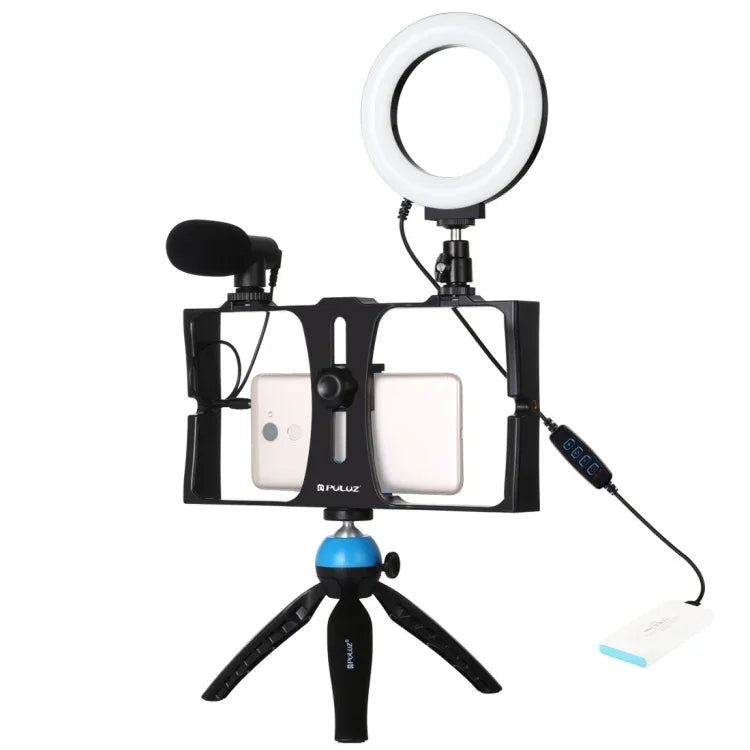 PULUZ 4イン1 Vloggingライブ配信用スマートフォンビデオリグ＋4.7インチ（12cm）リングLEDセルフィーライトキット マイク＋三脚マウント＋コールドシュートリポッドヘッド付き iPhone、Galaxy、Huawei、Xiaomi、HTC、LG、Google、その他スマートフォン対応、4イン1リングLED