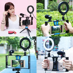 PULUZ 4イン1 Vloggingライブ配信用スマートフォンビデオリグ＋4.7インチ（12cm）リングLEDセルフィーライトキット マイク＋三脚マウント＋コールドシュートリポッドヘッド付き iPhone、Galaxy、Huawei、Xiaomi、HTC、LG、Google、その他スマートフォン対応、4イン1リングLED