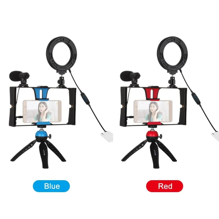 PULUZ 4イン1 Vloggingライブ配信用スマートフォンビデオリグ＋4.7インチ（12cm）リングLEDセルフィーライトキット マイク＋三脚マウント＋コールドシュートリポッドヘッド付き iPhone、Galaxy、Huawei、Xiaomi、HTC、LG、Google、その他スマートフォン対応、4イン1リングLED