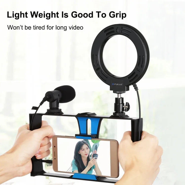 PULUZ 4イン1 Vloggingライブ配信用スマートフォンビデオリグ＋4.7インチ（12cm）リングLEDセルフィーライトキット マイク＋三脚マウント＋コールドシュートリポッドヘッド付き iPhone、Galaxy、Huawei、Xiaomi、HTC、LG、Google、その他スマートフォン対応、4イン1リングLED