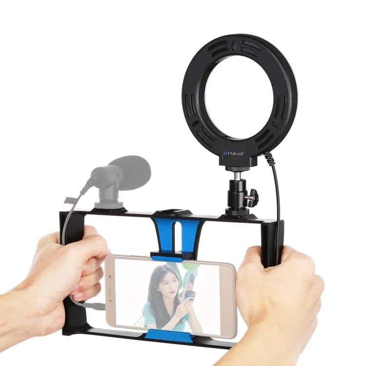 PULUZ 2イン1 Vloggingライブ配信用スマートフォンビデオリグ＋4.7インチ（12cm）リングLEDセルフィーライトキット コールドシュートリポッドヘッド付き iPhone、Galaxy、Huawei、Xiaomi、HTC、LG、Google、その他スマートフォン対応、2イン1リングLED