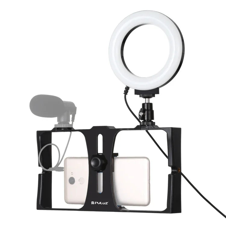PULUZ 2イン1 Vloggingライブ配信用スマートフォンビデオリグ＋4.7インチ（12cm）リングLEDセルフィーライトキット コールドシュートリポッドヘッド付き iPhone、Galaxy、Huawei、Xiaomi、HTC、LG、Google、その他スマートフォン対応、2イン1リングLED