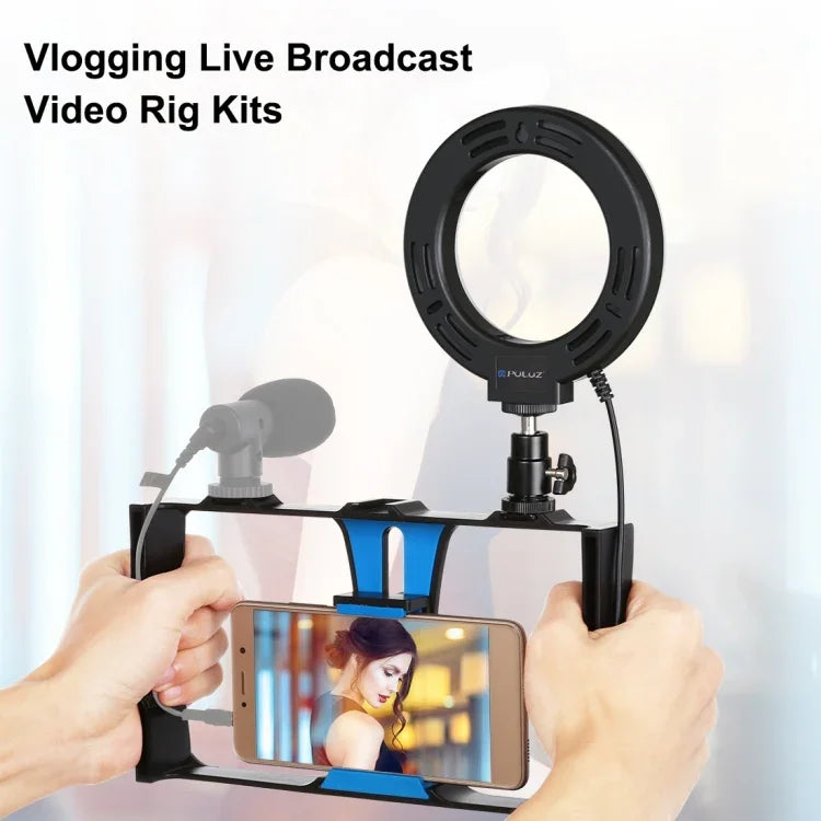 PULUZ 2イン1 Vloggingライブ配信用スマートフォンビデオリグ＋4.7インチ（12cm）リングLEDセルフィーライトキット コールドシュートリポッドヘッド付き iPhone、Galaxy、Huawei、Xiaomi、HTC、LG、Google、その他スマートフォン対応、2イン1リングLED