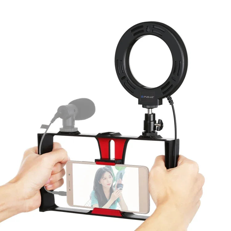 PULUZ 2イン1 Vloggingライブ配信用スマートフォンビデオリグ＋4.7インチ（12cm）リングLEDセルフィーライトキット コールドシュートリポッドヘッド付き iPhone、Galaxy、Huawei、Xiaomi、HTC、LG、Google、その他スマートフォン対応、2イン1リングLED