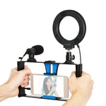 PULUZ 3イン1 Vloggingライブ配信用スマートフォンビデオリグ＋マイク＋4.7インチ（12cm）リングLEDセルフィーライトキット コールドシュートリポッドヘッド付き iPhone、Galaxy、Huawei、Xiaomi、HTC、LG、Google、その他スマートフォン対応、3イン1リングLED
