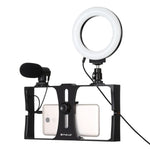 PULUZ 3イン1 Vloggingライブ配信用スマートフォンビデオリグ＋マイク＋4.7インチ（12cm）リングLEDセルフィーライトキット コールドシュートリポッドヘッド付き iPhone、Galaxy、Huawei、Xiaomi、HTC、LG、Google、その他スマートフォン対応、3イン1リングLED