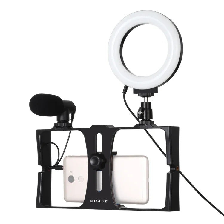 PULUZ 3イン1 Vloggingライブ配信用スマートフォンビデオリグ＋マイク＋4.7インチ（12cm）リングLEDセルフィーライトキット コールドシュートリポッドヘッド付き iPhone、Galaxy、Huawei、Xiaomi、HTC、LG、Google、その他スマートフォン対応、3イン1リングLED