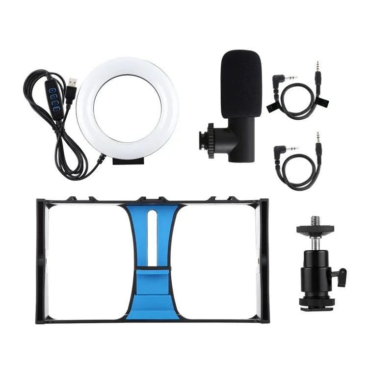 PULUZ 3イン1 Vloggingライブ配信用スマートフォンビデオリグ＋マイク＋4.7インチ（12cm）リングLEDセルフィーライトキット コールドシュートリポッドヘッド付き iPhone、Galaxy、Huawei、Xiaomi、HTC、LG、Google、その他スマートフォン対応、3イン1リングLED
