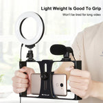 PULUZ 3イン1 Vloggingライブ配信用スマートフォンビデオリグ＋マイク＋4.7インチ（12cm）リングLEDセルフィーライトキット コールドシュートリポッドヘッド付き iPhone、Galaxy、Huawei、Xiaomi、HTC、LG、Google、その他スマートフォン対応、3イン1リングLED