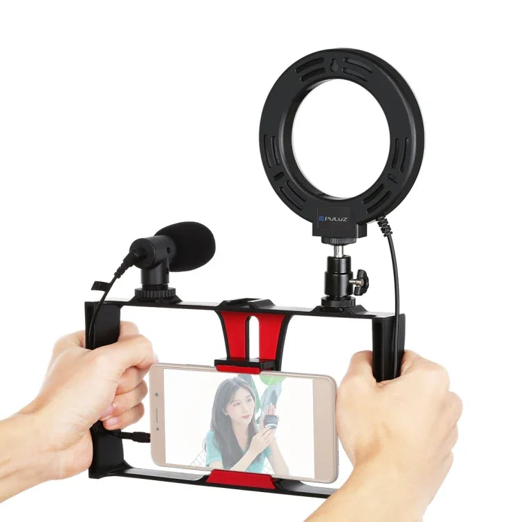PULUZ 3イン1 Vloggingライブ配信用スマートフォンビデオリグ＋マイク＋4.7インチ（12cm）リングLEDセルフィーライトキット コールドシュートリポッドヘッド付き iPhone、Galaxy、Huawei、Xiaomi、HTC、LG、Google、その他スマートフォン対応、3イン1リングLED