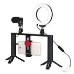 PULUZ 4イン1 Vloggingライブ配信用4.7インチ（12cm）リングLEDセルフィーライト スマートフォンビデオリグハンドルスタビライザー アルミブラケットキット マイク＋三脚マウント＋コールドシュートリポッドヘッド付き、リングLEDアルミブラケットキット