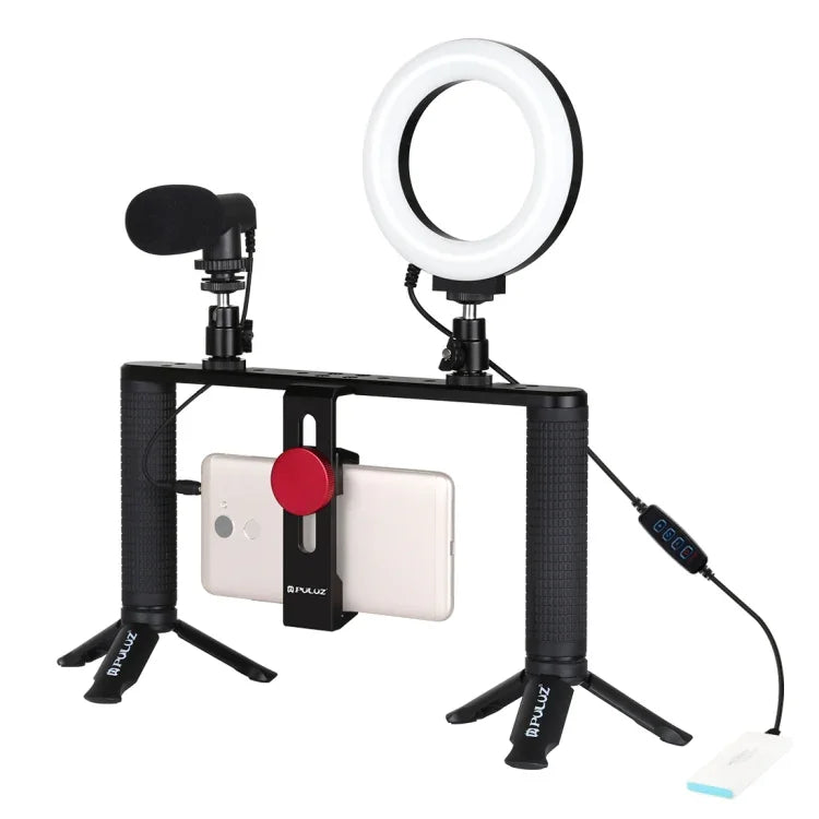 PULUZ 4イン1 Vloggingライブ配信用4.7インチ（12cm）リングLEDセルフィーライト スマートフォンビデオリグハンドルスタビライザー アルミブラケットキット マイク＋三脚マウント＋コールドシュートリポッドヘッド付き、リングLEDアルミブラケットキット