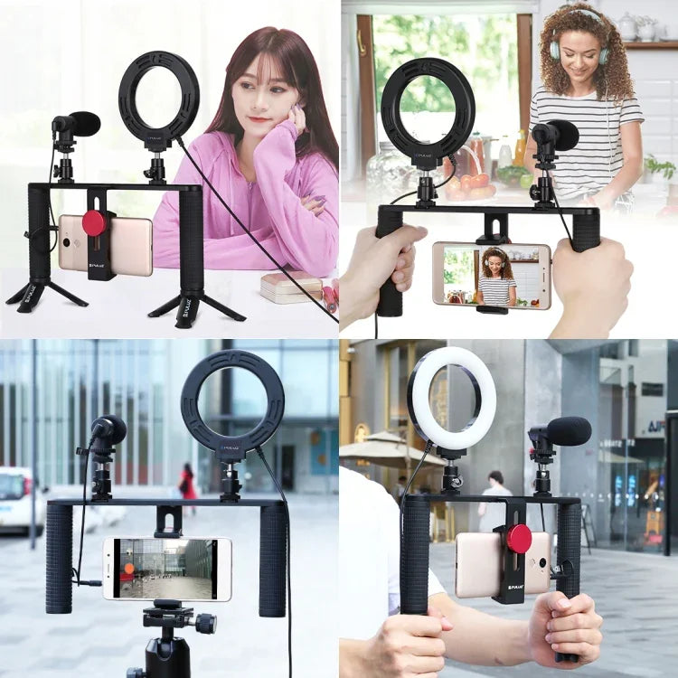 PULUZ 4イン1 Vloggingライブ配信用4.7インチ（12cm）リングLEDセルフィーライト スマートフォンビデオリグハンドルスタビライザー アルミブラケットキット マイク＋三脚マウント＋コールドシュートリポッドヘッド付き、リングLEDアルミブラケットキット