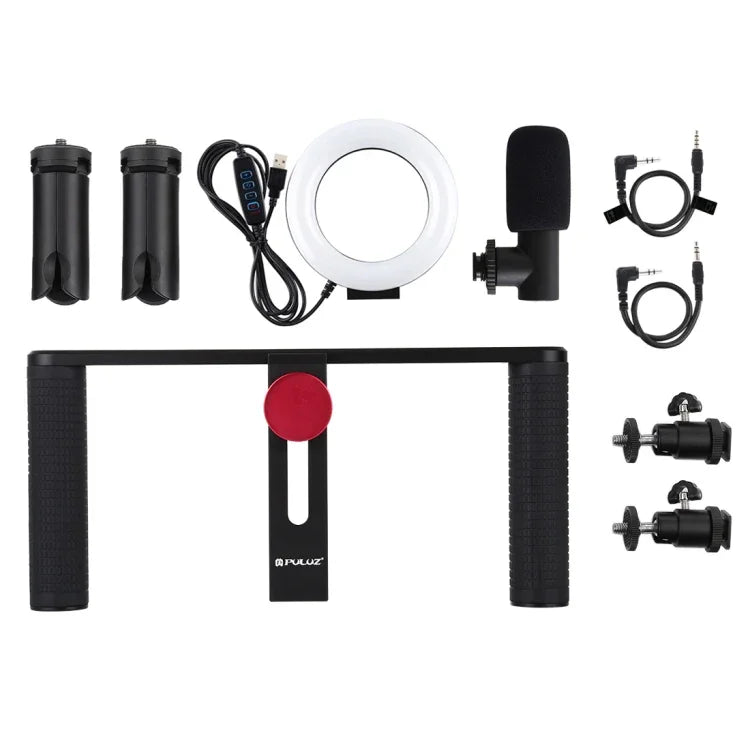 PULUZ 4イン1 Vloggingライブ配信用4.7インチ（12cm）リングLEDセルフィーライト スマートフォンビデオリグハンドルスタビライザー アルミブラケットキット マイク＋三脚マウント＋コールドシュートリポッドヘッド付き、リングLEDアルミブラケットキット