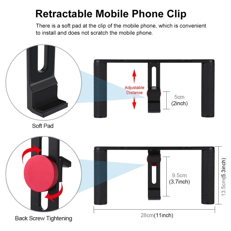PULUZ 4イン1 Vloggingライブ配信用4.7インチ（12cm）リングLEDセルフィーライト スマートフォンビデオリグハンドルスタビライザー アルミブラケットキット マイク＋三脚マウント＋コールドシュートリポッドヘッド付き、リングLEDアルミブラケットキット