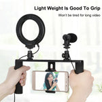 PULUZ 4イン1 Vloggingライブ配信用4.7インチ（12cm）リングLEDセルフィーライト スマートフォンビデオリグハンドルスタビライザー アルミブラケットキット マイク＋三脚マウント＋コールドシュートリポッドヘッド付き、リングLEDアルミブラケットキット