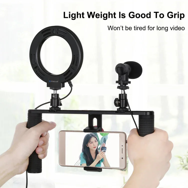 PULUZ 4イン1 Vloggingライブ配信用4.7インチ（12cm）リングLEDセルフィーライト スマートフォンビデオリグハンドルスタビライザー アルミブラケットキット マイク＋三脚マウント＋コールドシュートリポッドヘッド付き、リングLEDアルミブラケットキット