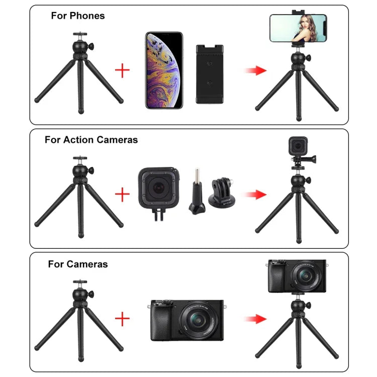 PULUZ ミニタコ型フレキシブル三脚ホルダー ボールヘッド＆スマホクランプ付き + 三脚マウントアダプター＆ロングスクリュー SLRカメラ、GoPro、携帯電話対応 サイズ：25cmx4.5cm、25cm三脚＋スマホクランプ