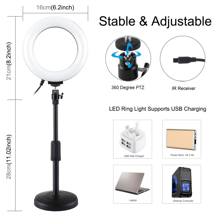 PULUZ 6.2インチ 16cm RGBWライト＋丸型ベース デスクトップホルダー USB調光式LEDリング ビデオ撮影用ライト 冷却シュー三脚ボールヘッド＆リモコン付き、デスクトップマウント＋6.2インチRGBW／リモコン付き