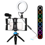 PULUZ 4イン1 Vloggingライブ配信用スマートフォンビデオリグ＋4.7インチ（12cm）RGBWリングLEDセルフィーライト＋マイク＋ポケット三脚マウントキット コールドシュートリポッドヘッド付き、4イン1、4イン1 RGBWリングLED