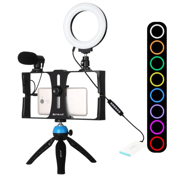 PULUZ 4イン1 Vloggingライブ配信用スマートフォンビデオリグ＋4.7インチ（12cm）RGBWリングLEDセルフィーライト＋マイク＋ポケット三脚マウントキット コールドシュートリポッドヘッド付き、4イン1、4イン1 RGBWリングLED
