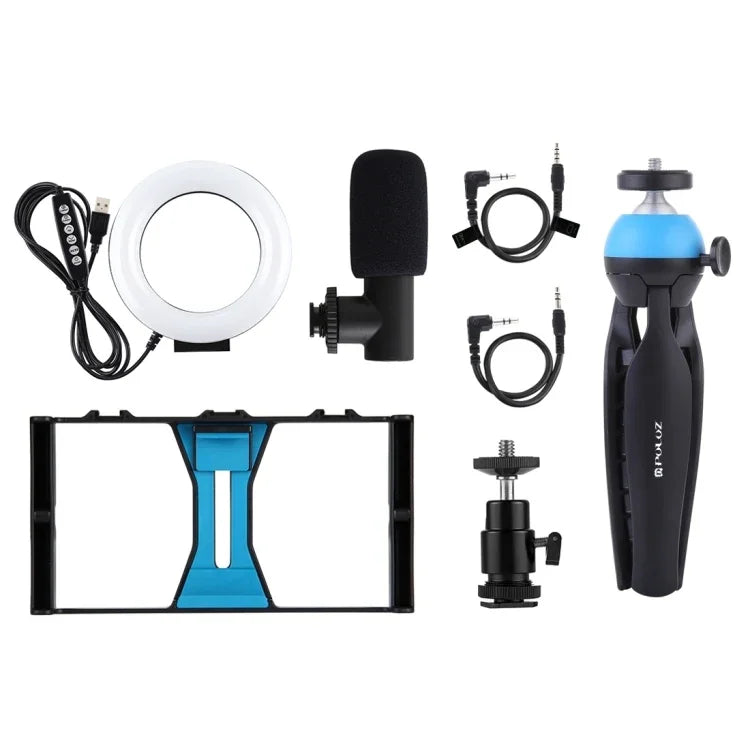 PULUZ 4イン1 Vloggingライブ配信用スマートフォンビデオリグ＋4.7インチ（12cm）RGBWリングLEDセルフィーライト＋マイク＋ポケット三脚マウントキット コールドシュートリポッドヘッド付き、4イン1、4イン1 RGBWリングLED