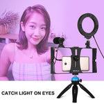 PULUZ 4イン1 Vloggingライブ配信用スマートフォンビデオリグ＋4.7インチ（12cm）RGBWリングLEDセルフィーライト＋マイク＋ポケット三脚マウントキット コールドシュートリポッドヘッド付き、4イン1、4イン1 RGBWリングLED