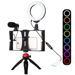 PULUZ 4イン1 Vloggingライブ配信用スマートフォンビデオリグ＋4.7インチ（12cm）RGBWリングLEDセルフィーライト＋マイク＋ポケット三脚マウントキット コールドシュートリポッドヘッド付き、4イン1、4イン1 RGBWリングLED