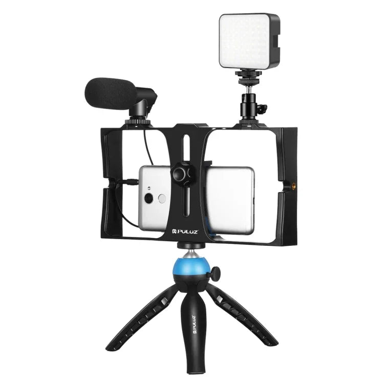 PULUZ 4イン1 Vloggingライブ配信用LEDセルフィーフィルライト スマートフォンビデオリグキット マイク＋三脚マウント＋コールドシュートリポッドヘッド付き iPhone、Galaxy、Huawei、Xiaomi、HTC、LG、Google、その他スマートフォン対応、4イン1フィルライトリグキット