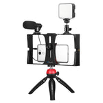 PULUZ 4イン1 Vloggingライブ配信用LEDセルフィーフィルライト スマートフォンビデオリグキット マイク＋三脚マウント＋コールドシュートリポッドヘッド付き iPhone、Galaxy、Huawei、Xiaomi、HTC、LG、Google、その他スマートフォン対応、4イン1フィルライトリグキット