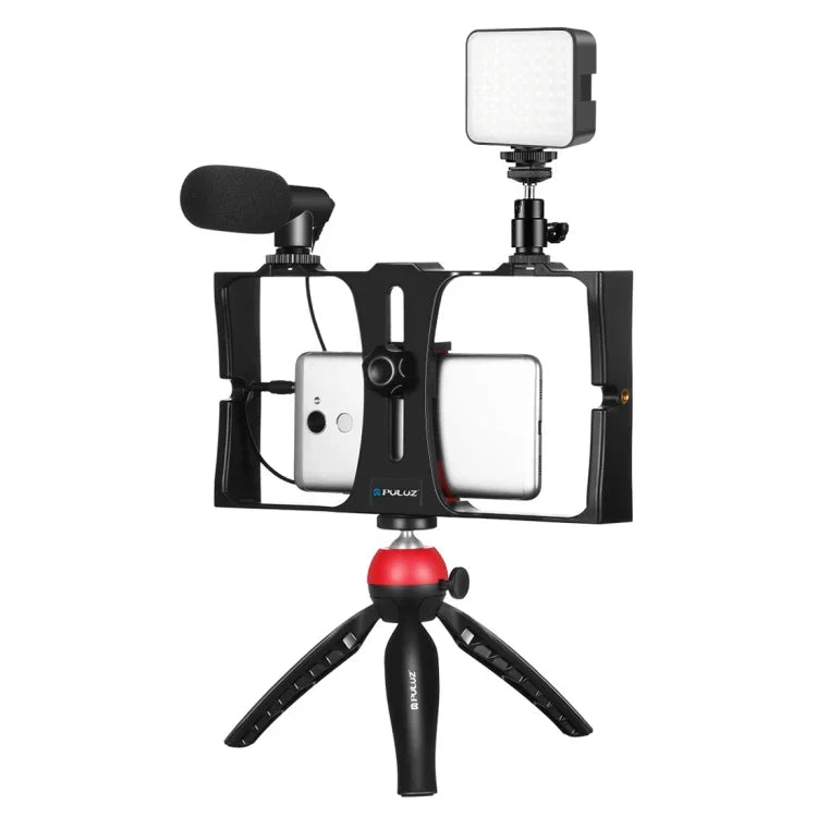 PULUZ 4イン1 Vloggingライブ配信用LEDセルフィーフィルライト スマートフォンビデオリグキット マイク＋三脚マウント＋コールドシュートリポッドヘッド付き iPhone、Galaxy、Huawei、Xiaomi、HTC、LG、Google、その他スマートフォン対応、4イン1フィルライトリグキット