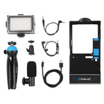 PULUZ 4イン1 Bluetooth ハンドヘルド ブロギング ライブ配信 LED セルフィーライト スマートフォンビデオリグキット マイク＋三脚マウント＋コールドシュートリポッドヘッド付き iPhone、Galaxy、Huawei、Xiaomi、HTC、LG、Google、その他スマートフォン対応 4イン1 Bluetoothリグ