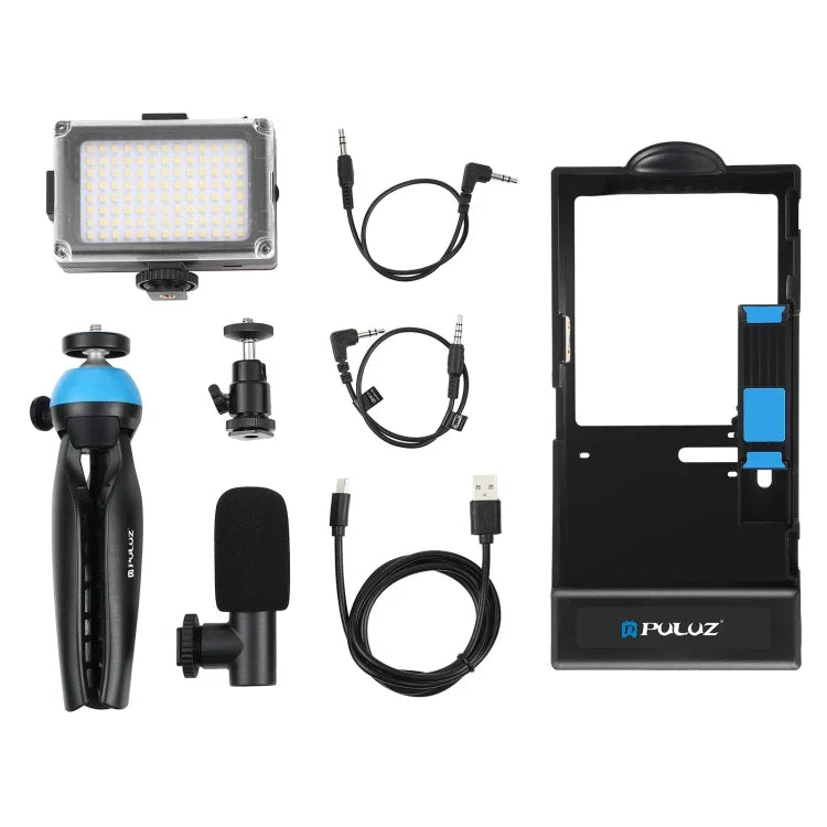 PULUZ 4イン1 Bluetooth ハンドヘルド ブロギング ライブ配信 LED セルフィーライト スマートフォンビデオリグキット マイク＋三脚マウント＋コールドシュートリポッドヘッド付き iPhone、Galaxy、Huawei、Xiaomi、HTC、LG、Google、その他スマートフォン対応 4イン1 Bluetoothリグ