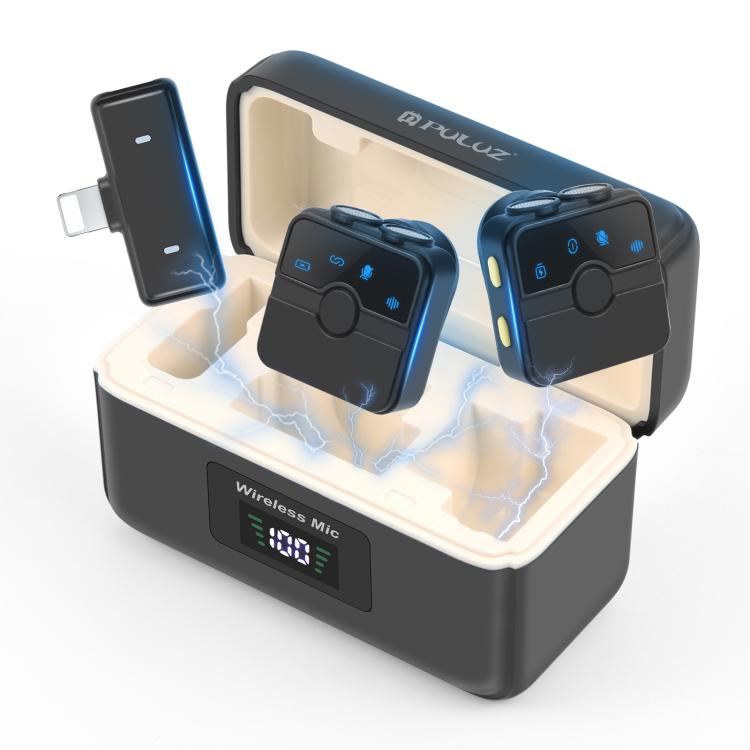 PULUZ 磁気ラベリアワイヤレスマイク 充電ケース付き、8ピン RX レシーバーと 2 TX マイク、8ピン 2 TX + 1 RX、充電ケース付き