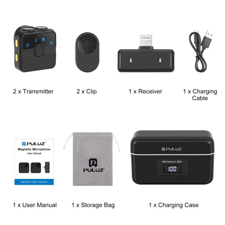 PULUZ 磁気ラベリアワイヤレスマイク 充電ケース付き、8ピン RX レシーバーと 2 TX マイク、8ピン 2 TX + 1 RX、充電ケース付き
