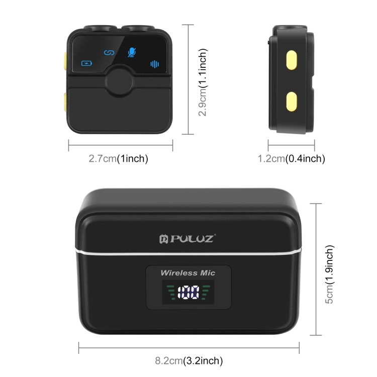 PULUZ 磁気ラベリアワイヤレスマイク 充電ケース付き、8ピン RX レシーバーと 2 TX マイク、8ピン 2 TX + 1 RX、充電ケース付き