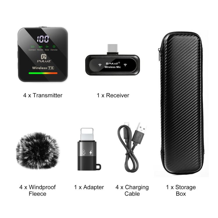 PULUZ 4送信機 + 1受信機ワイヤレスラベリアマイク、Type-C 4送信機 + 1受信機
