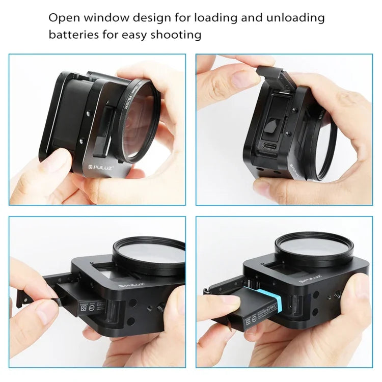 PULUZ ハウジングシェル CNCアルミ合金保護ケージ 保険フレーム＆52mm UVレンズ付き GoPro HERO8 Black用、フレーム付きHERO8 Black用