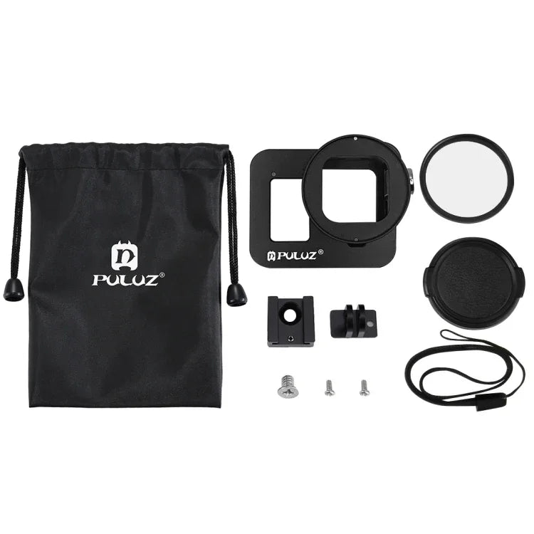 PULUZ ハウジングシェル CNCアルミ合金保護ケージ 保険フレーム＆52mm UVレンズ付き GoPro HERO8 Black用、フレーム付きHERO8 Black用