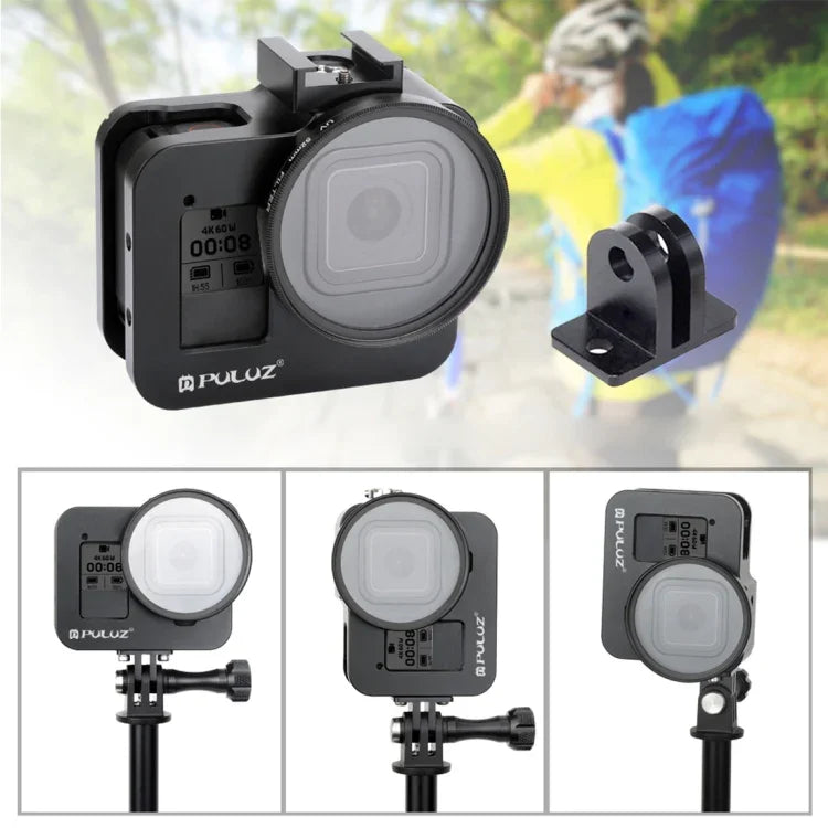 PULUZ ハウジングシェル CNCアルミ合金保護ケージ 保険フレーム＆52mm UVレンズ付き GoPro HERO8 Black用、フレーム付きHERO8 Black用