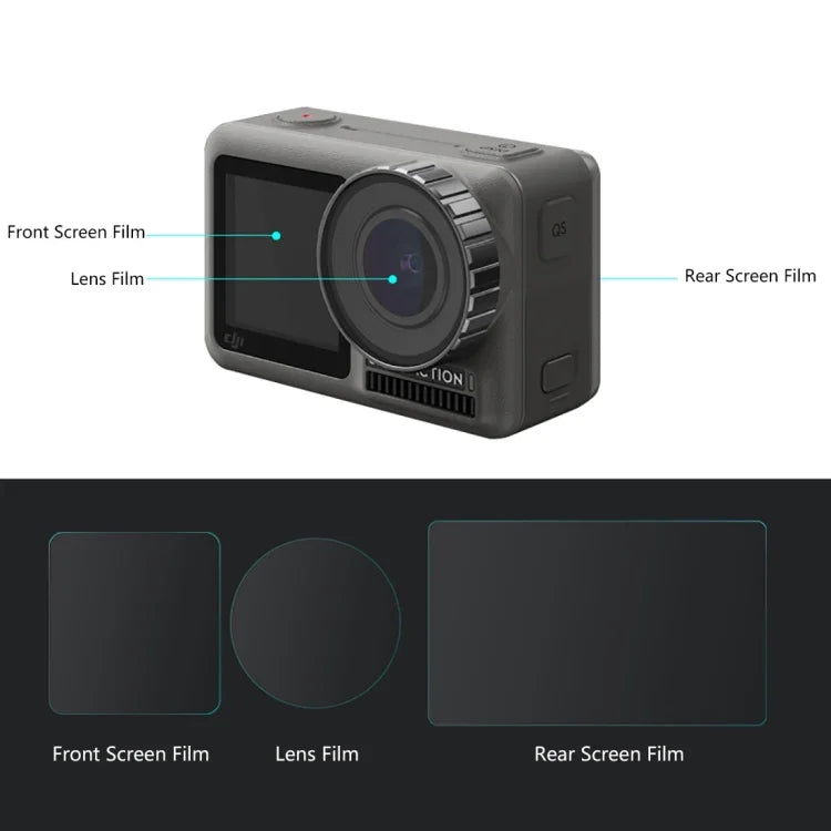 PULUZ レンズ + 前後LCDディスプレイ 9H 2.5D 強化ガラスフィルム DJI Osmo Action用, DJI Osmo Action用