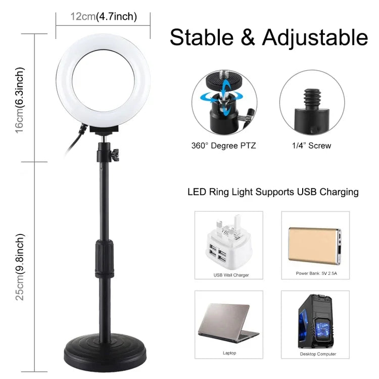 PULUZ 丸型ベース デスクトップホルダー + 4.7インチ 12cm 3モード USB調光式LEDリング ビデオ撮影ライト、高さ調節可能：15.5cm-25.5cm、デスクトップマウント+4.7インチ