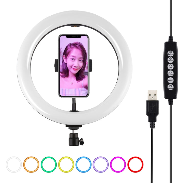 PULUZ 10.2インチ 26cm USB 10モード 8色 RGBW 調光可能 LEDリング ライブ配信・写真・動画用ライト 冷却シュー三脚ボールヘッド＆スマホクランプ付き、10.2インチ RGBW