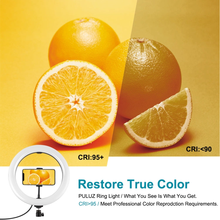 PULUZ 10.2インチ 26cm USB 10モード 8色 RGBW 調光可能 LEDリング ライブ配信・写真・動画用ライト 冷却シュー三脚ボールヘッド＆スマホクランプ付き、10.2インチ RGBW