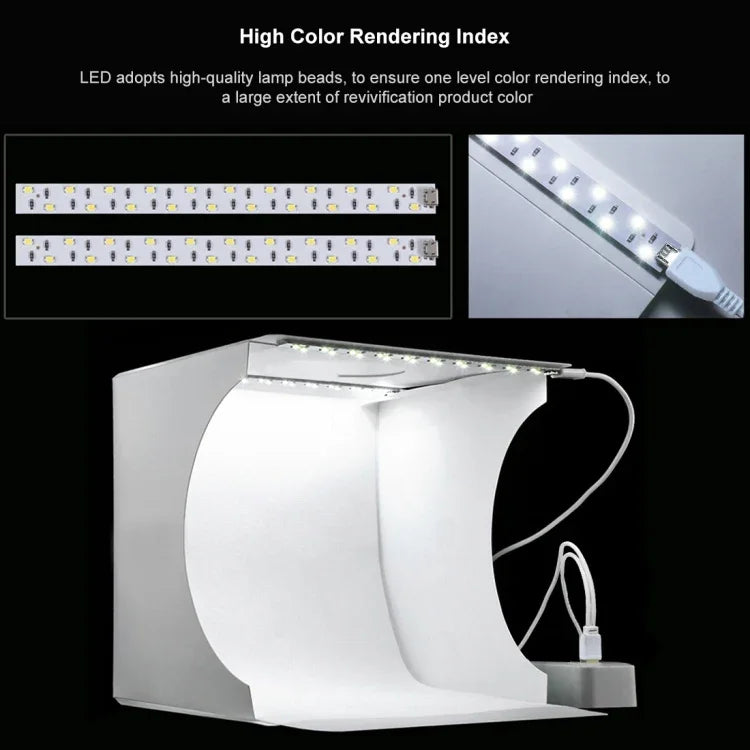 PULUZ 20cm 2枚のLEDパネル付き 折りたたみ式ポータブル 1100LM ライト 写真照明スタジオ 撮影テントボックスキット 6色背景布付き（ブラック、ホワイト、イエロー、レッド、グリーン、ブルー）、展開サイズ：24cm x 23cm x 23cm、20cm(2 LED/RU)、20cm(2 LED)