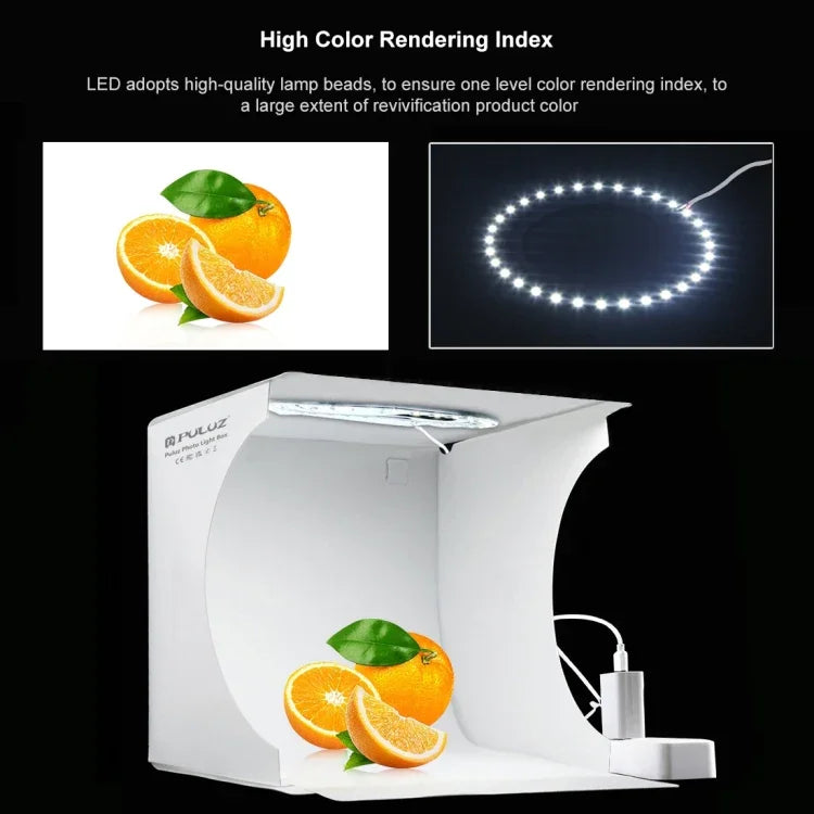 PULUZ 23cm リング LED パネル 折りたたみ式 ポータブルライト 写真照明スタジオ 撮影テントボックスキット 6色背景布付き（ブラック、ホワイト、イエロー、レッド、グリーン、ブルー）、展開サイズ：24cm x 23cm x 23cm、23cm リング LED パネル
